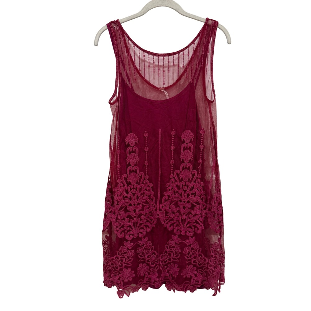 Free People Magenta Floral Embroidered Mesh‎ Overlay Mini Dress Sleeveless Small